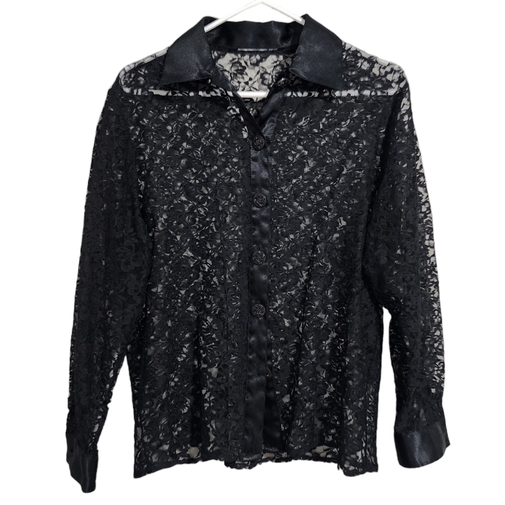 VINTAGE Y2K Lace‎ sheer button up shirt jacket in black